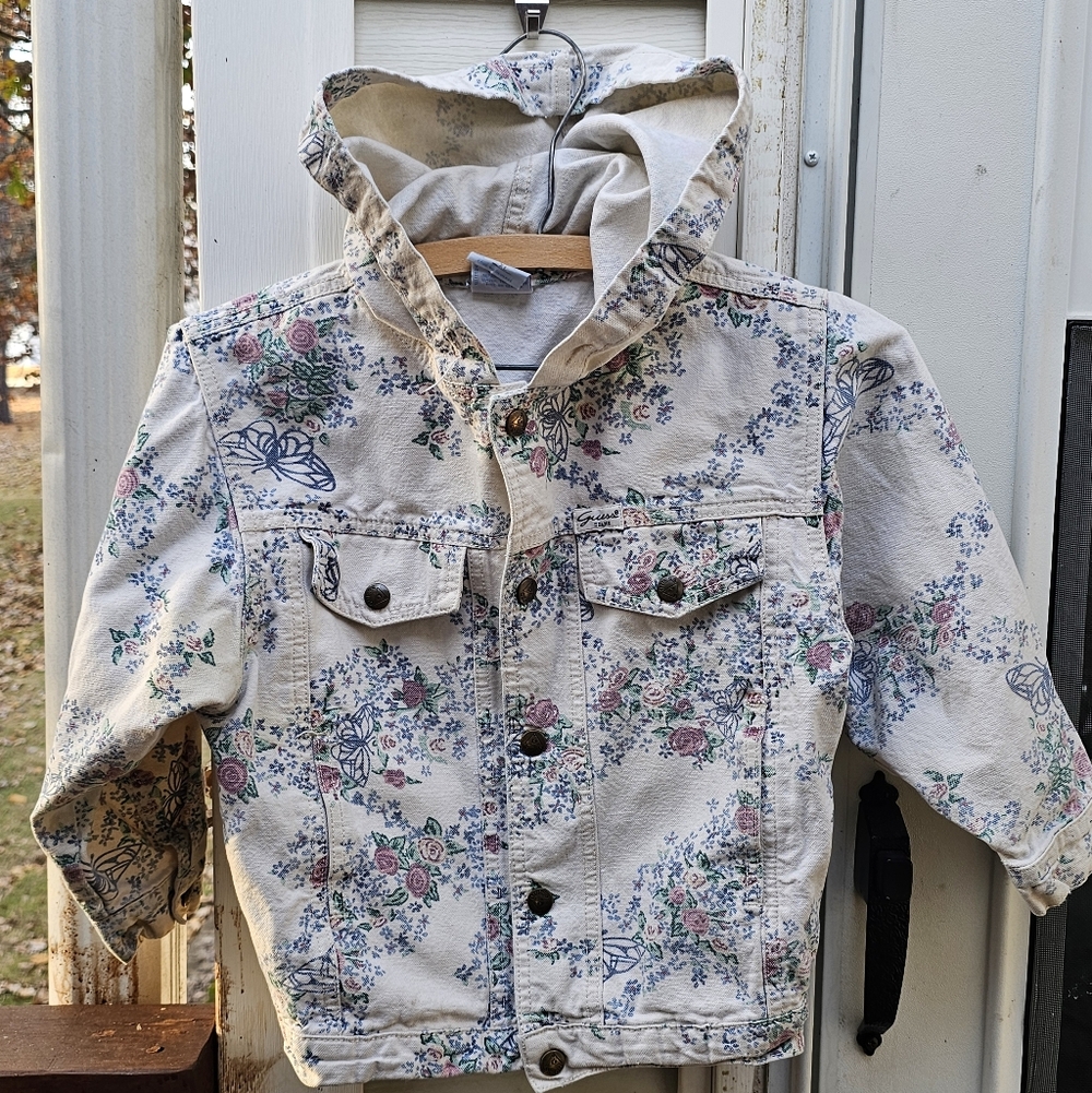 Vtg Guess USA Hooded Denim‎ Floral Butterfly Jean Cotton Jacket Girls Sz 5? Rare